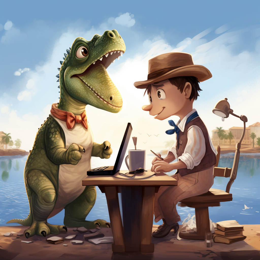 Two dinosaurs in love working on laptops