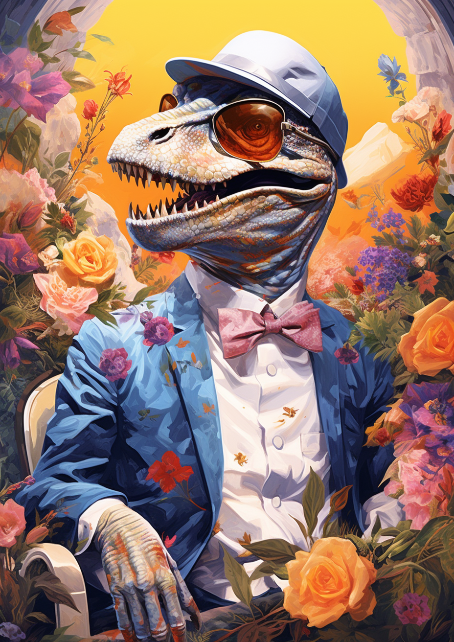 Dinosaur Mask with Fancy Shirt and Colorful Flowers