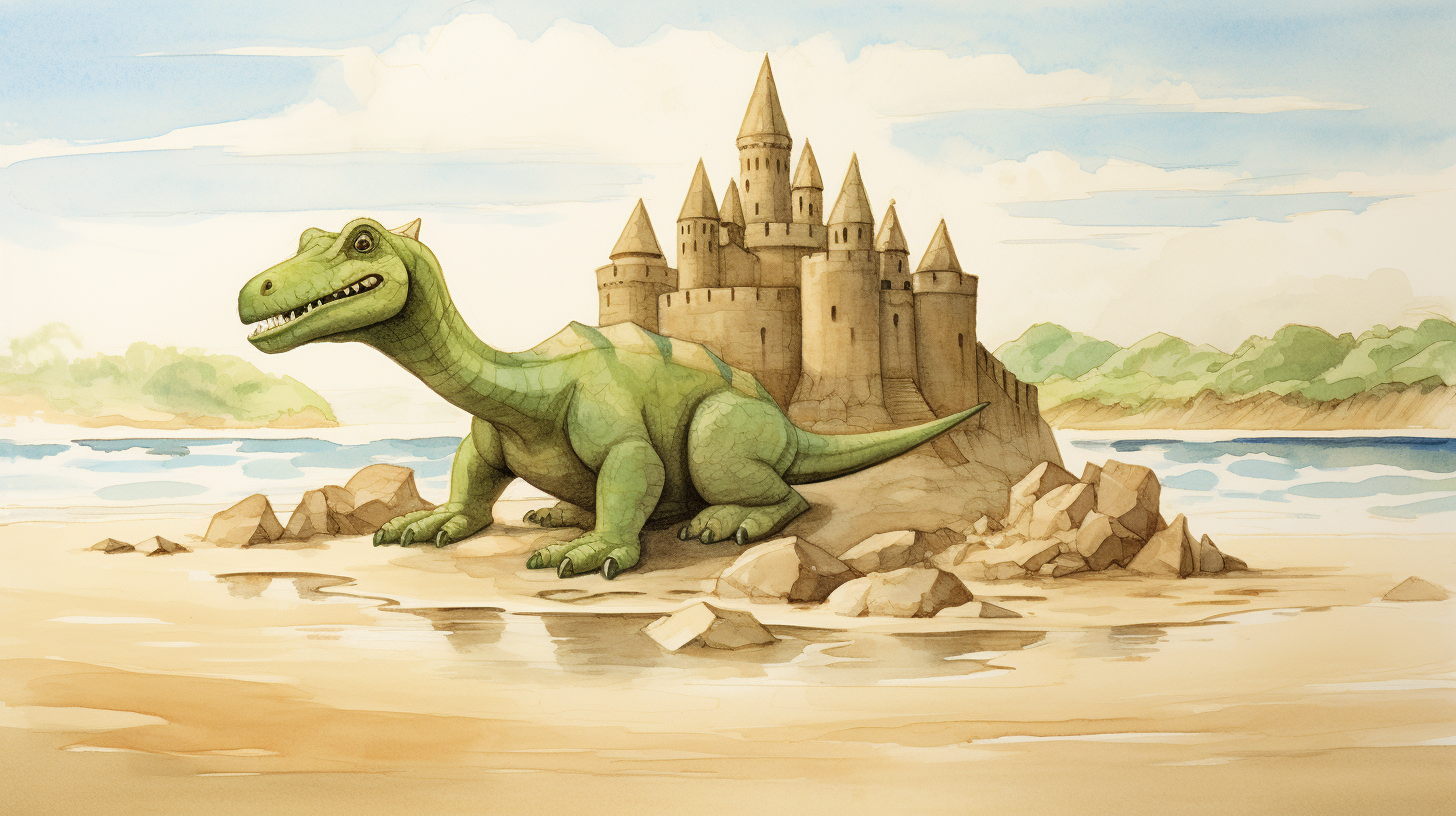 Dinosaur sand castle covered in grassy mounds