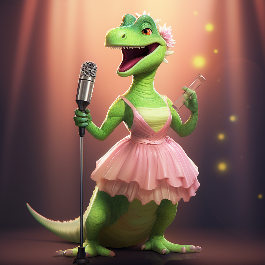 Dinosaur singing in tutu and heels