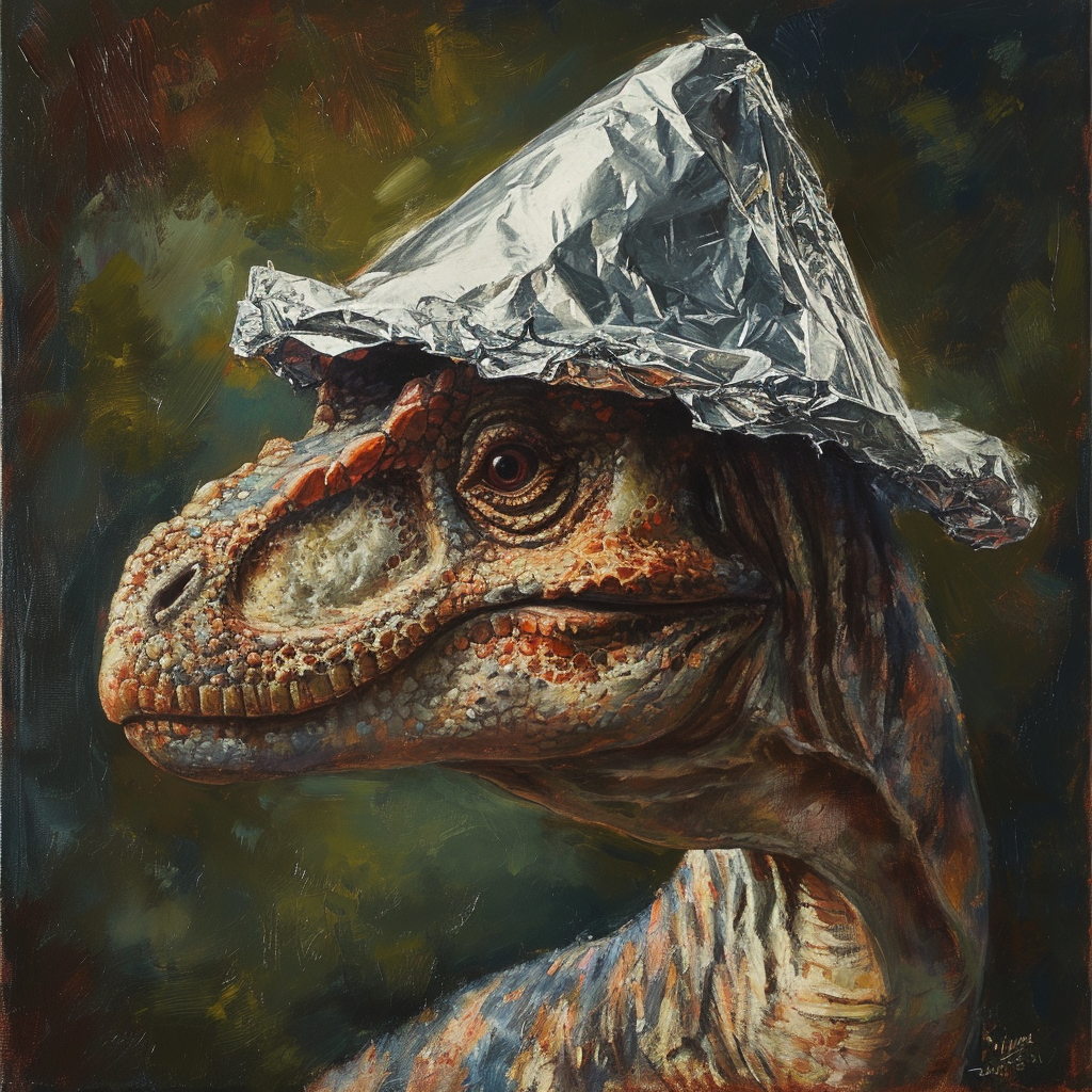 Humorous dinosaur with tin foil hat