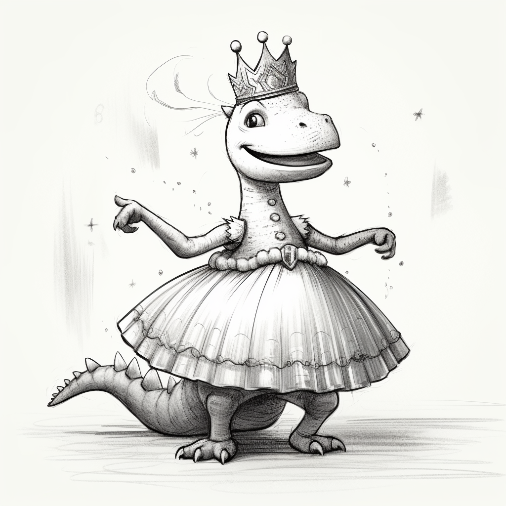 Colorful Cartoon Dinosaur Dancing with Tutu and Crown