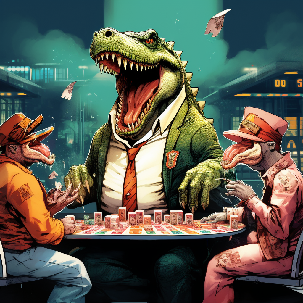 Unusual Poker Game with Dinosaur, Dog, Yakuza, and Crocodile