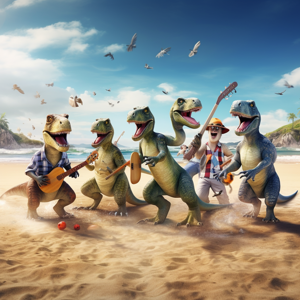 Dinosaurs playing beach cricket game