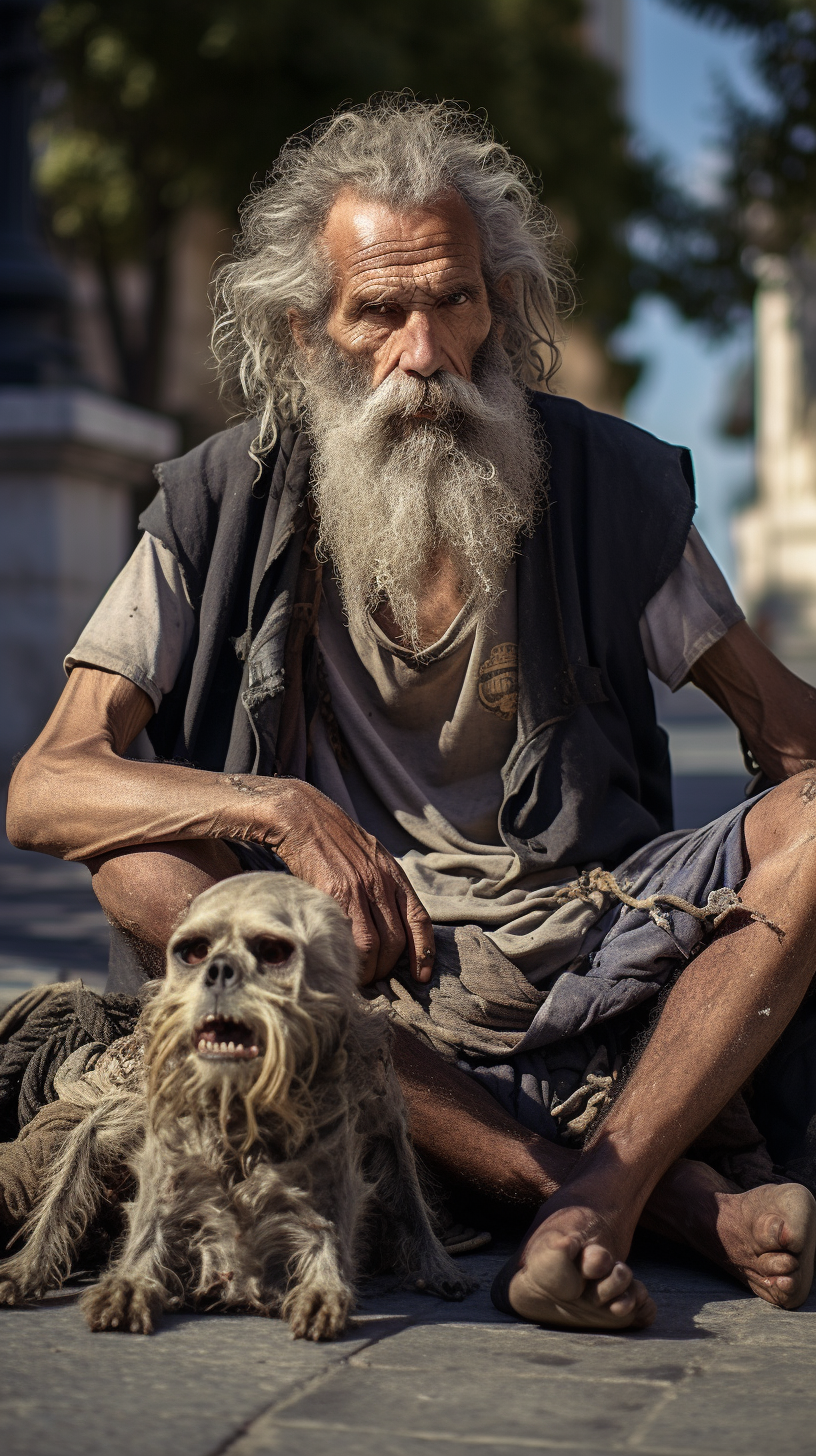 Diogenes sitting on bones peacefully