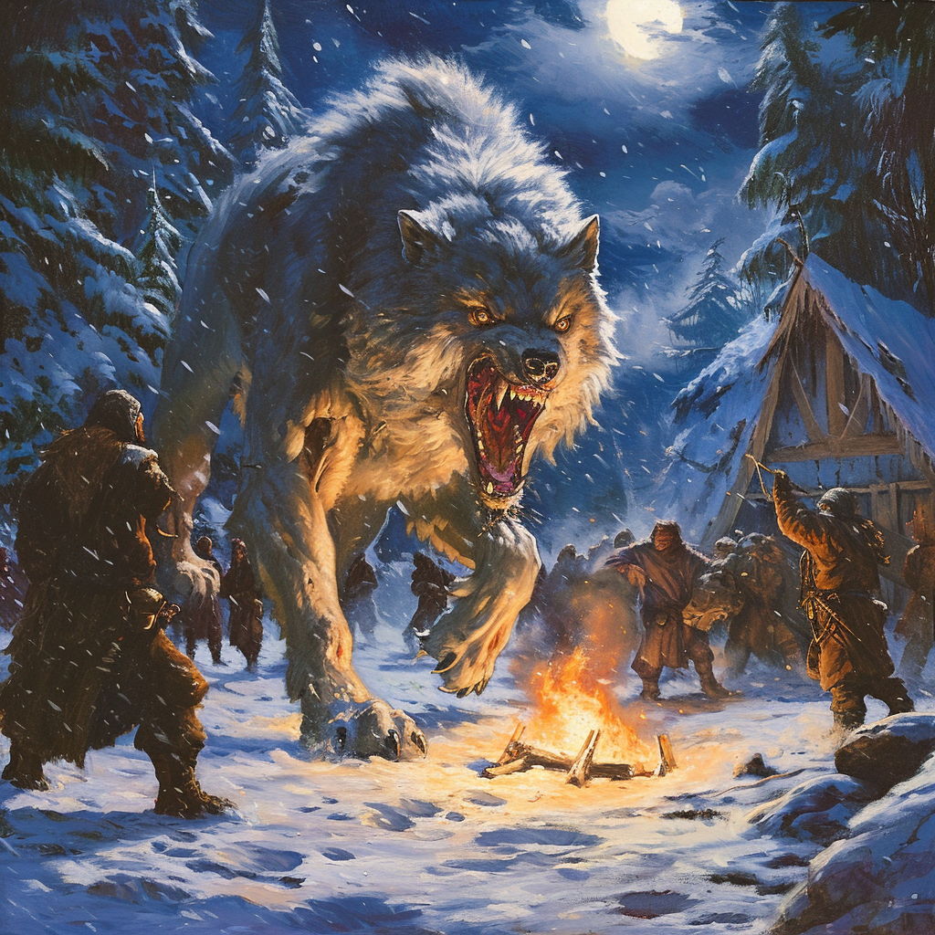 Dire wolf attacking camp in winter