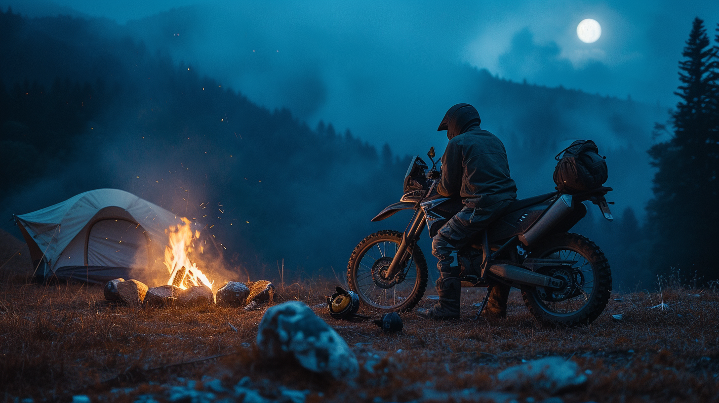 Adventure dirt bike rider resting near bonfire