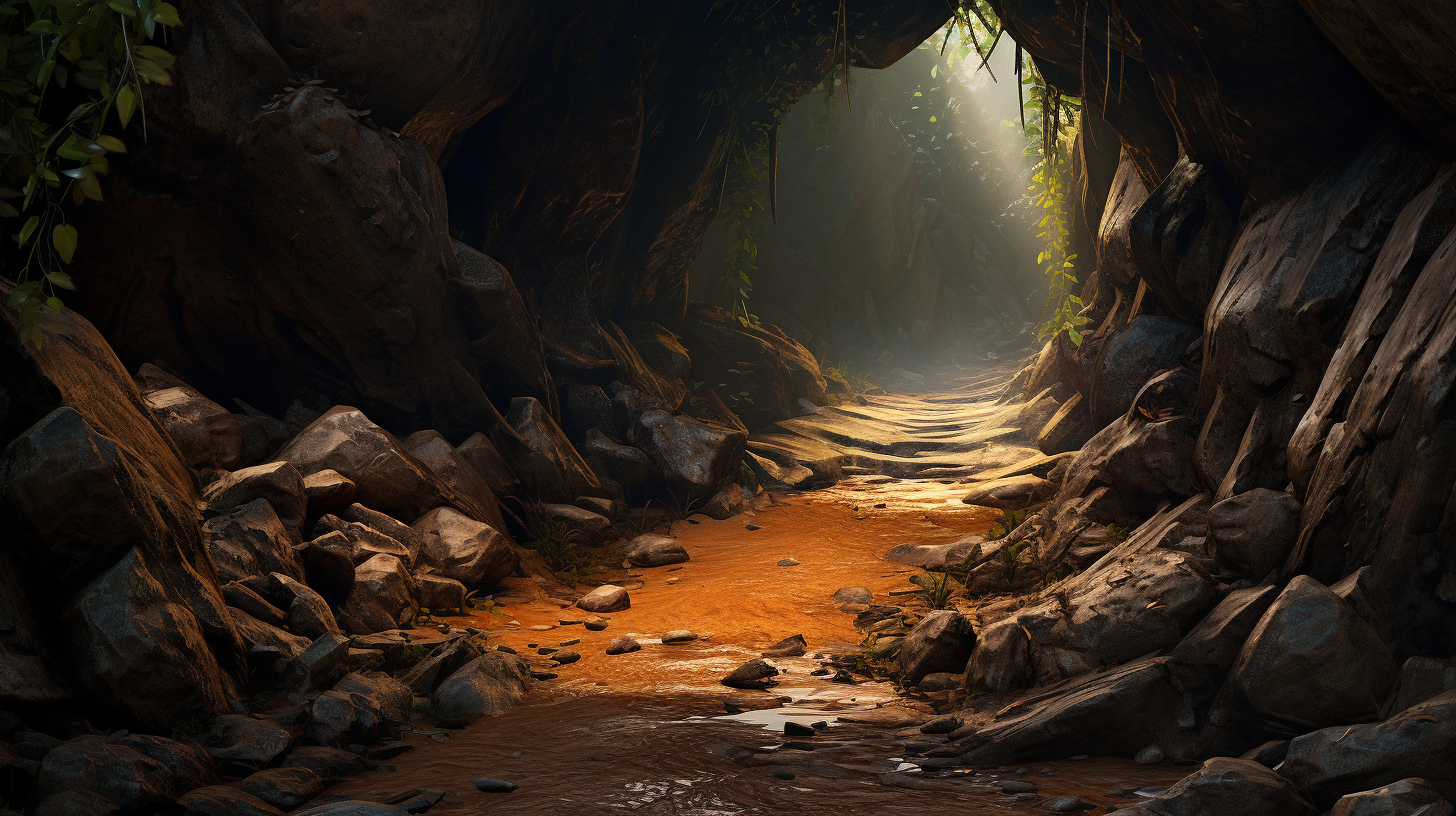 Scenic mountain cave with flowing stream