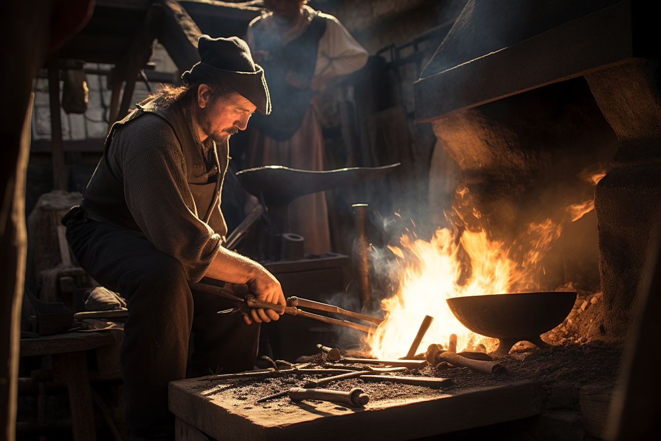 Dirty blacksmith in medieval village crafting