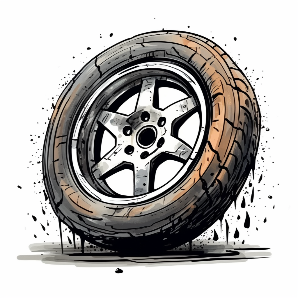 Cartoon image of dirty car with broken wheel tyre