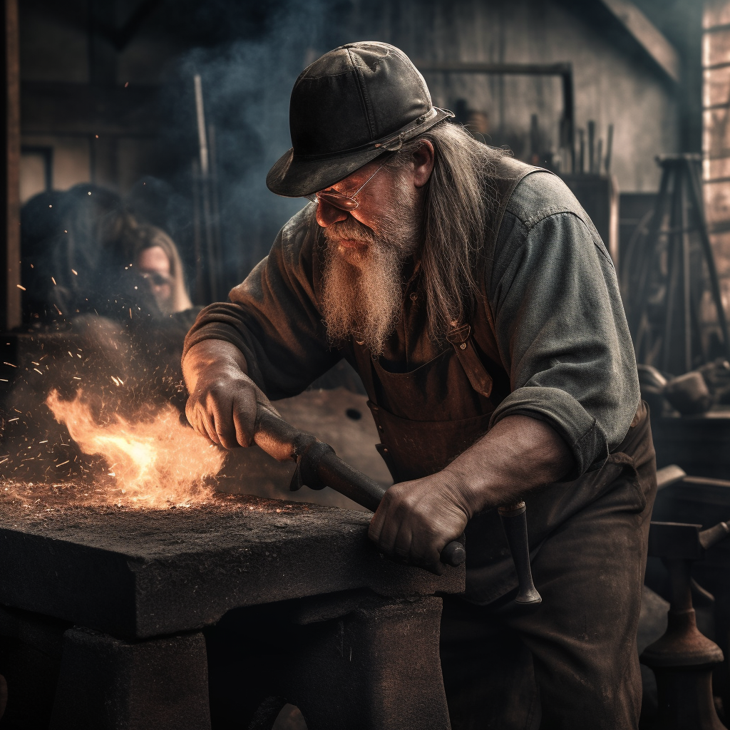 Skilled blacksmith hammering on anvil