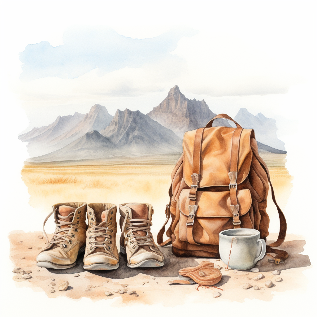 Dirty hiking shoes and haversack in surreal watercolor