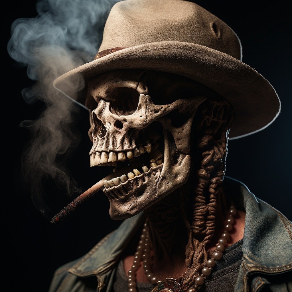 Smokin' Cowboy: Realistic Dirty Human Skull with Cigarette