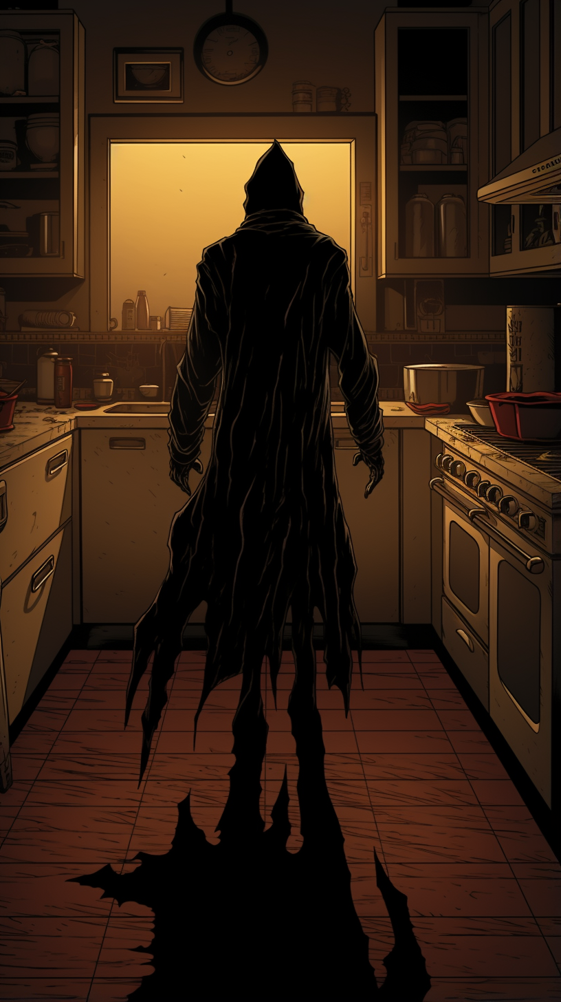 Mysterious demon in dirty kitchen