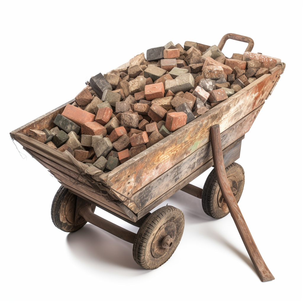 Dirty wheelbarrow filled with reclaimed bricks and rubble