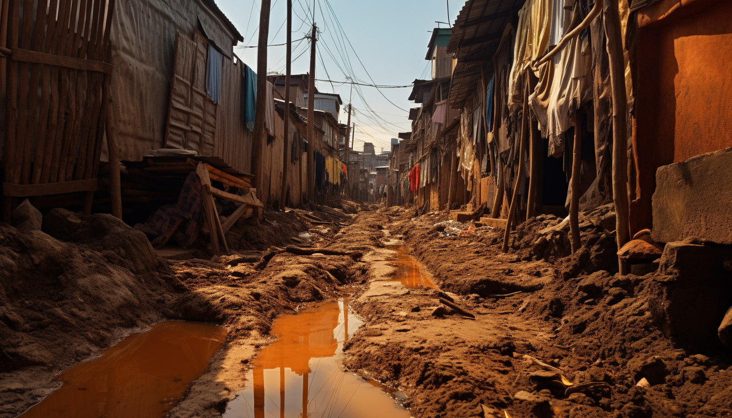 View of narrow street with dirty wooden walls