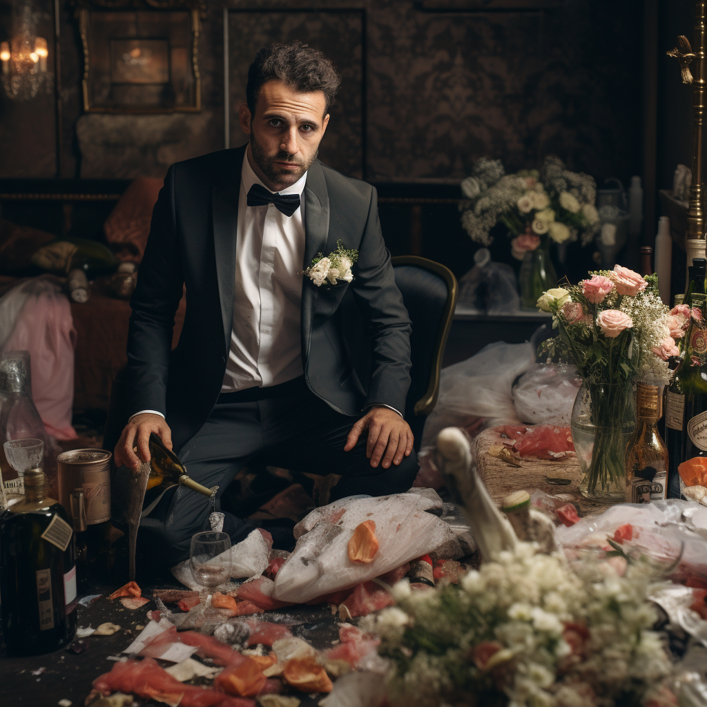 Man in dirty clothes at luxury wedding reception