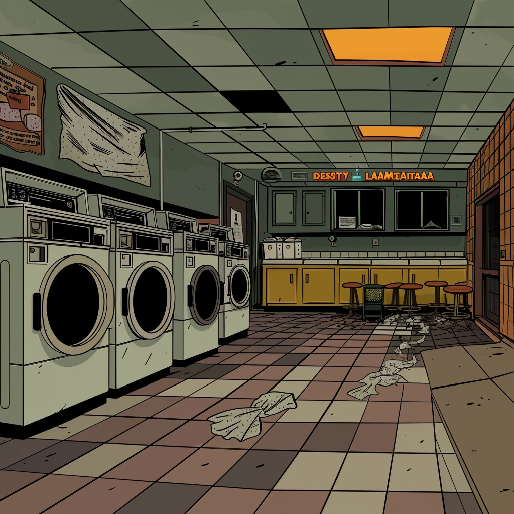 Cartoon laundromat with dirty clothes