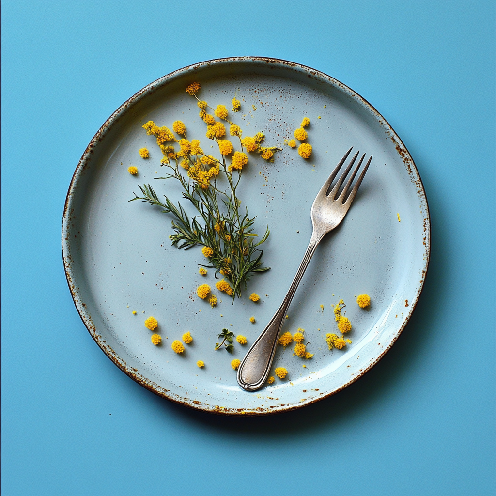 Dirty plate with spoon, fork, mimosa on blue background