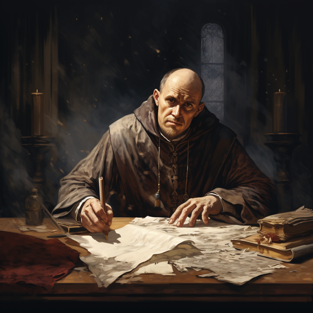 Christian monk disappointed with ink and parchment