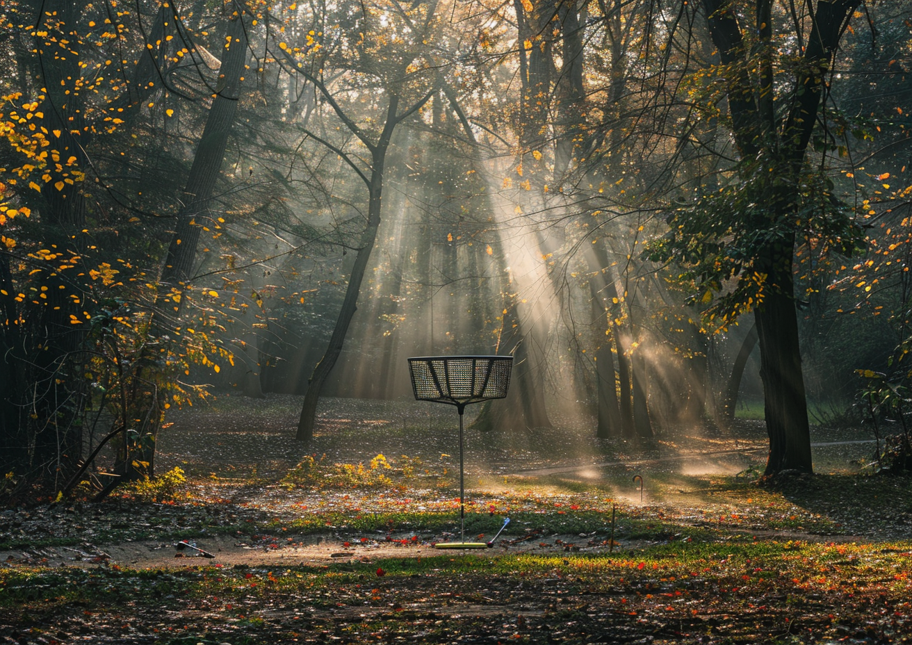 Disc golf basket in morning forest