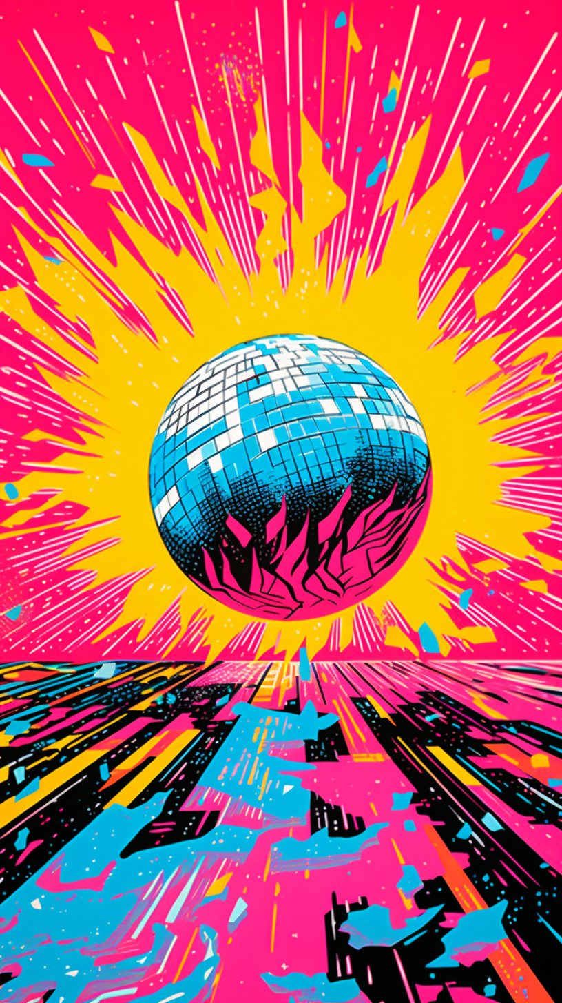 Disco ball on fire LSD trip pop art