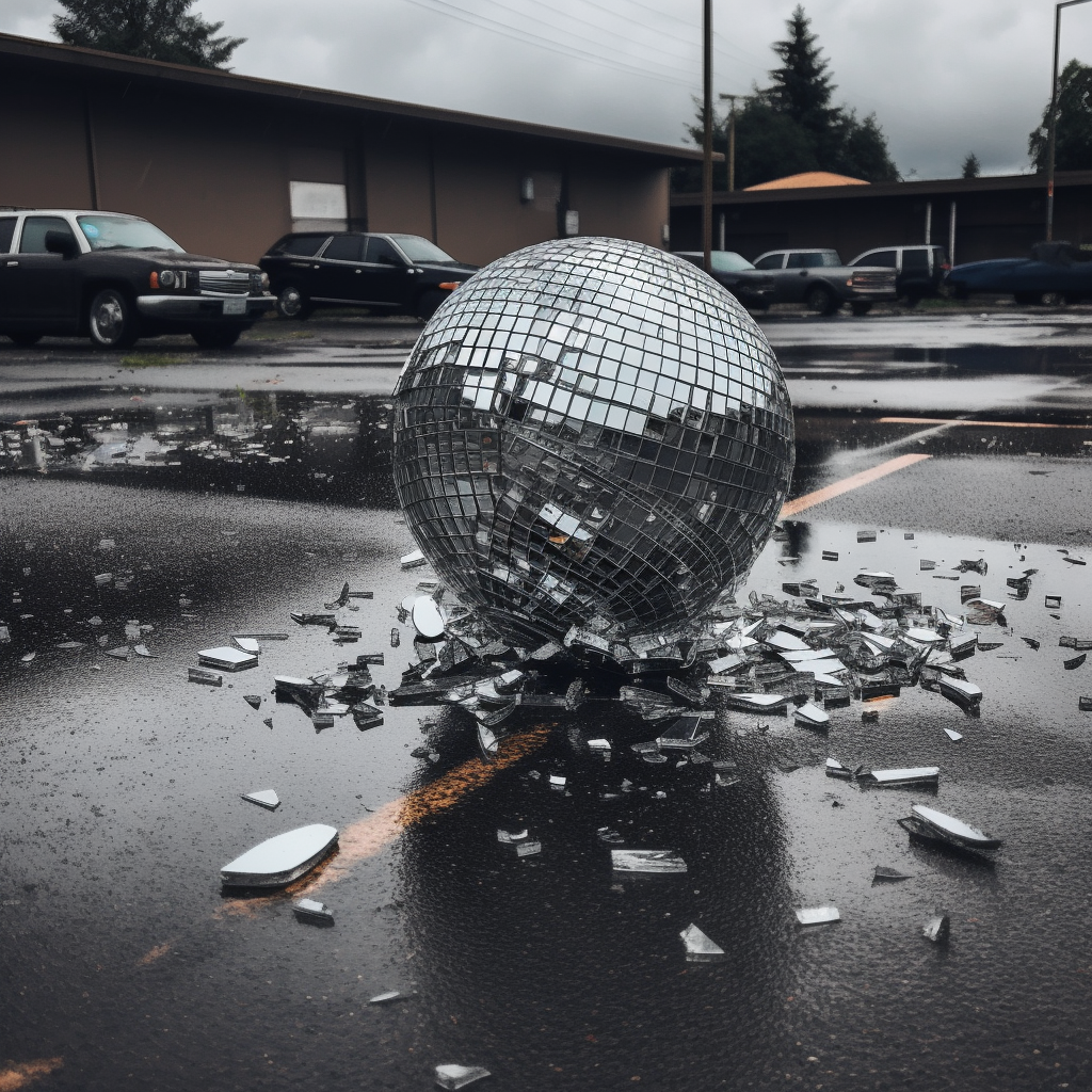 Crashed disco ball in parking lot