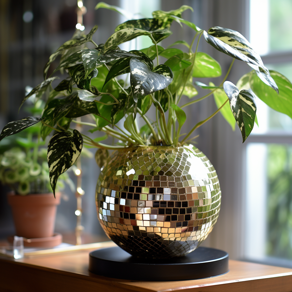 Disco Ball Planter with Seedling Leaf