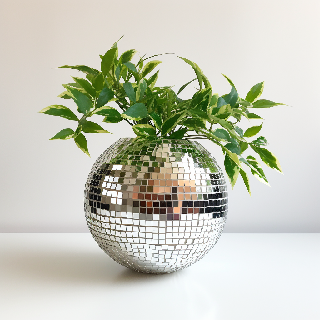 Disco ball planter with single leaf on white background