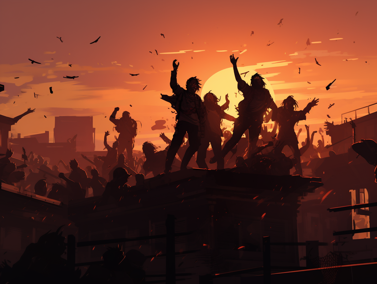 Silhouette of Many Zombie Horde Chasing