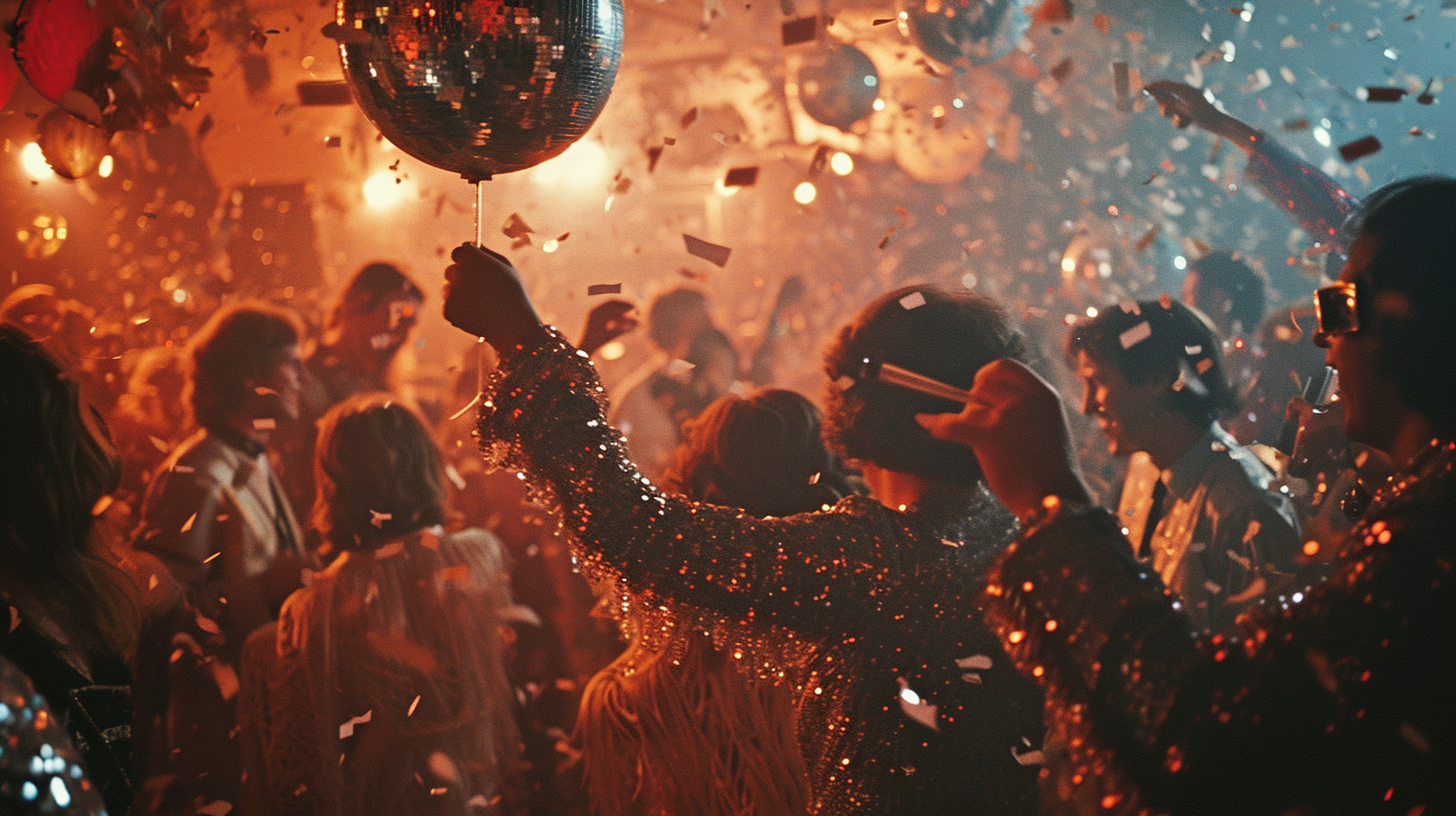 People celebrating at disco-themed New Year's party