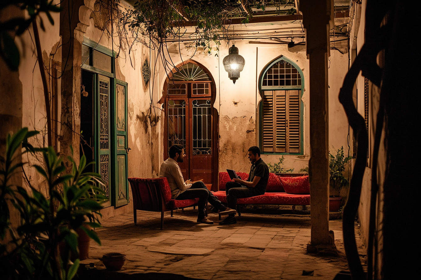 Two European Men Laughing and Talking on Red Moroccan Cushions