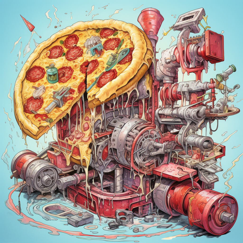 Cartoon illustration of diesel-driven pizza engines