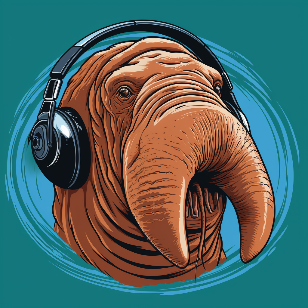 Playful walrus head wearing headphones