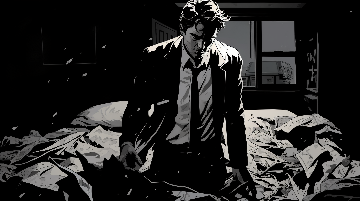 Comic book image of a disheveled young man in a suit crossing a dark room at night