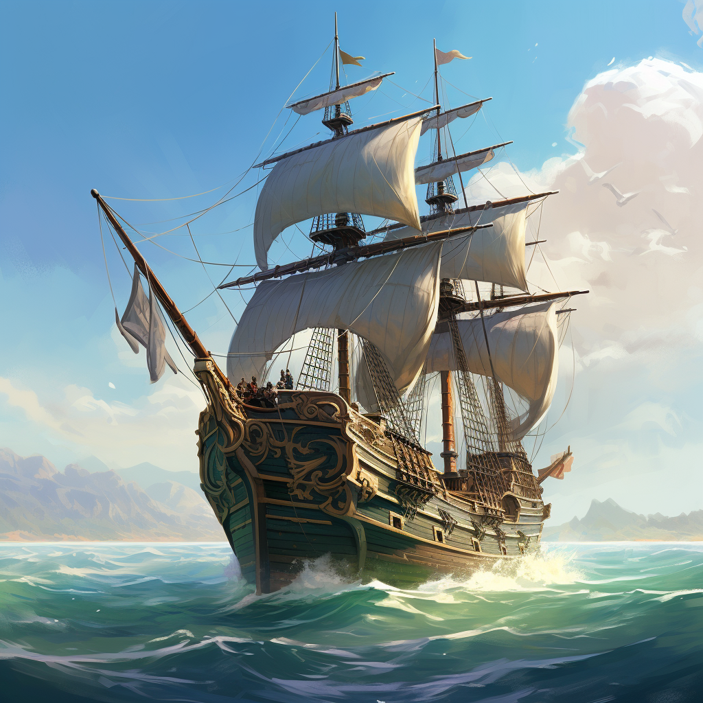 Dishonored medieval warship sailing on serene sea