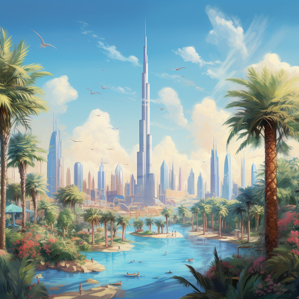 Whimsical Disney Burj Khalifa surrounded by trees