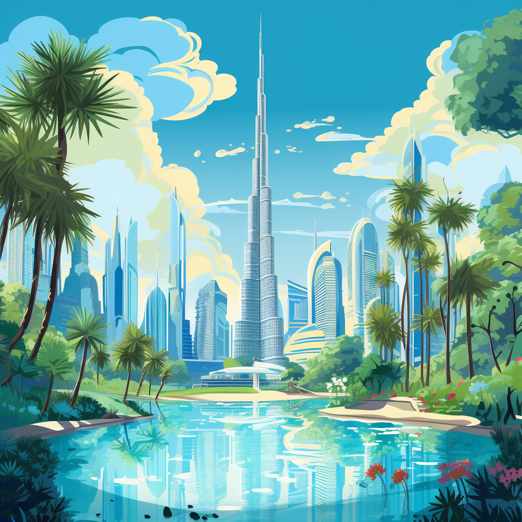 Whimsical Disney Illustration with Burj Khalifa and Trees