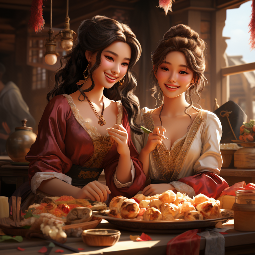 Disney characters eating udon in hanbok