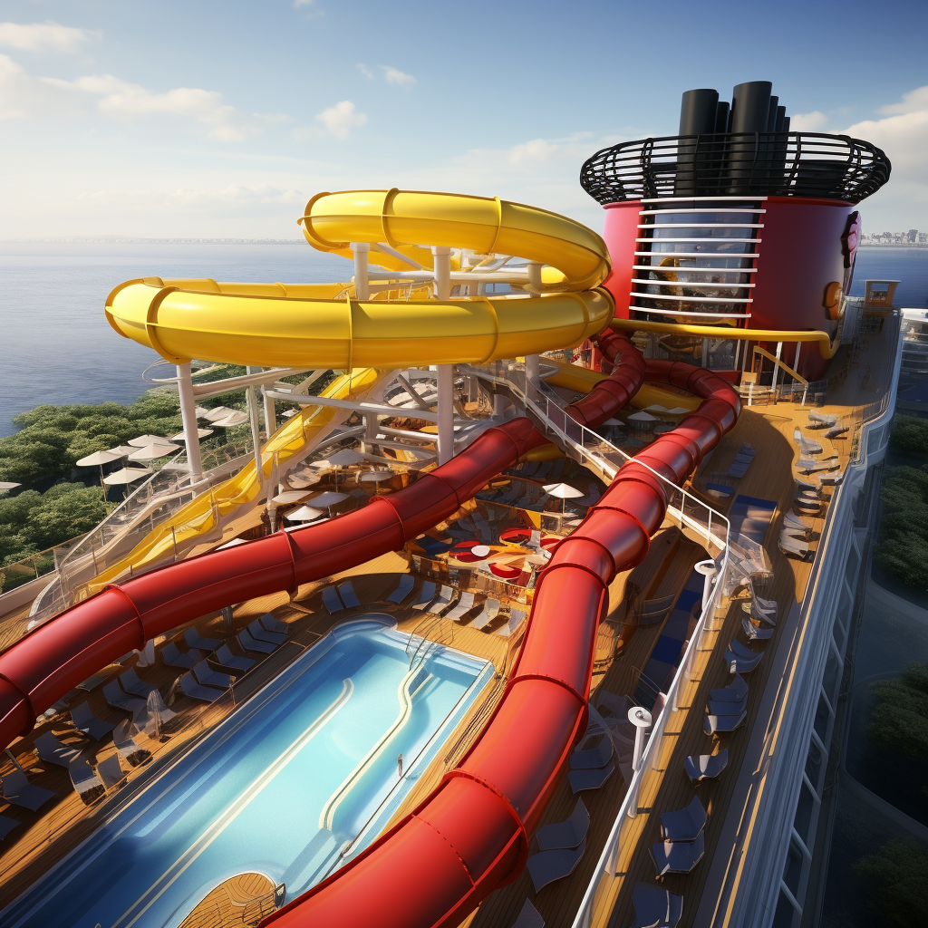 Disney Cruise Ship with Yellow Water Slide and Pool