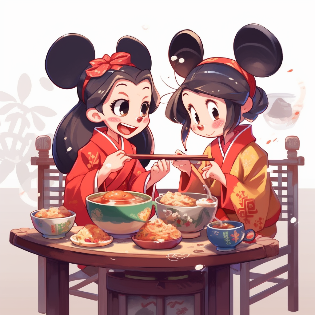 Disney characters in hanbok enjoying udon