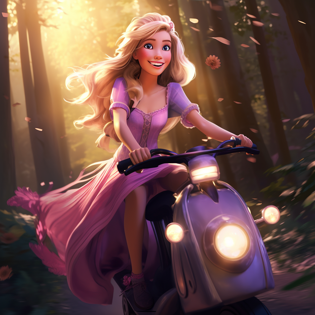 Rapunzel on scooter through woods