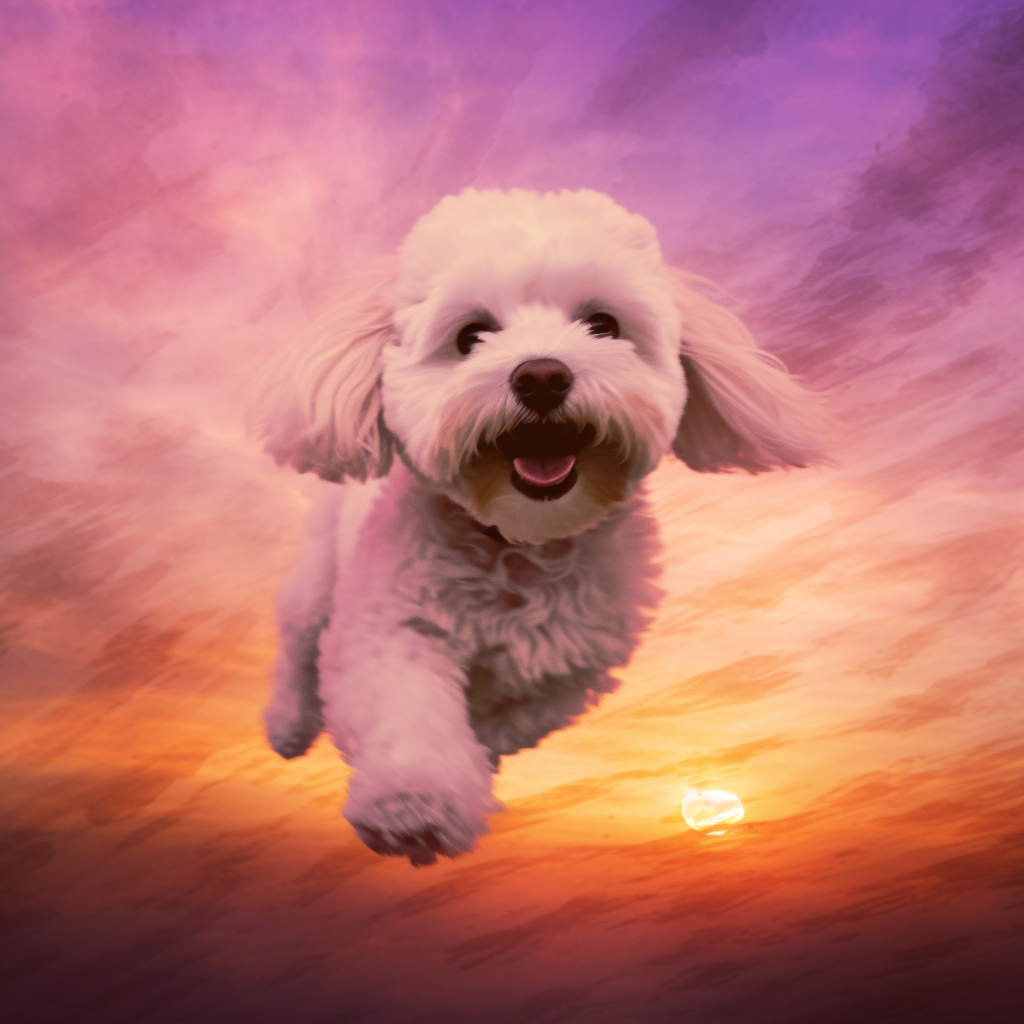 Cute Maltipoo Flying in Purple Sunset Sky