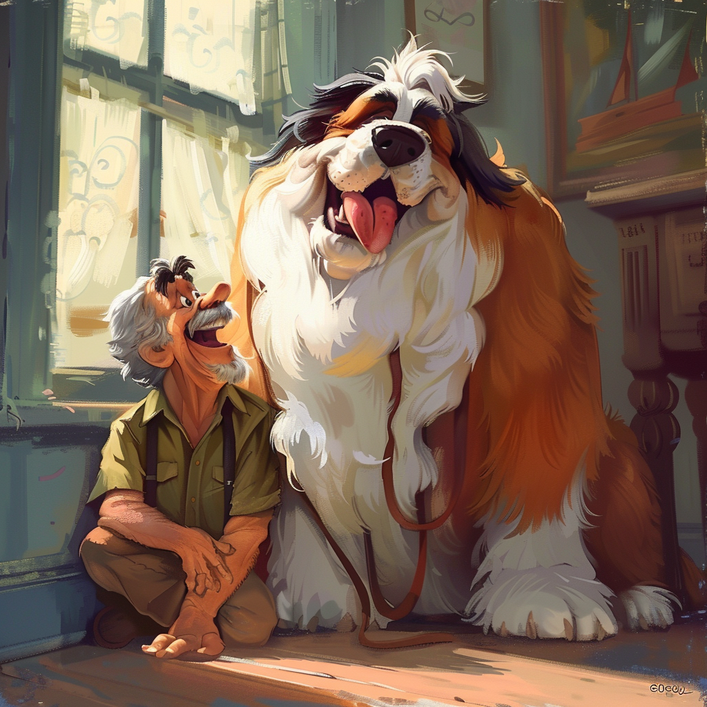 Man with Fluffy Dog Illustration