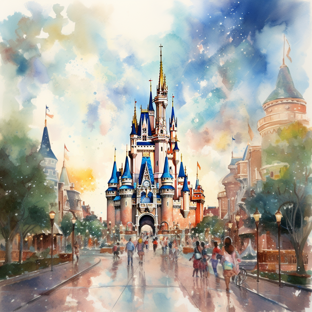 Watercolor illustration of Disney World characters