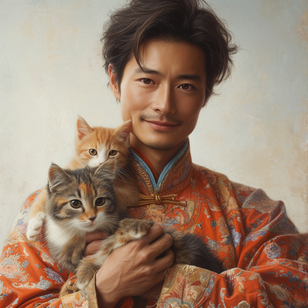 Chinese man holding kittens smiling