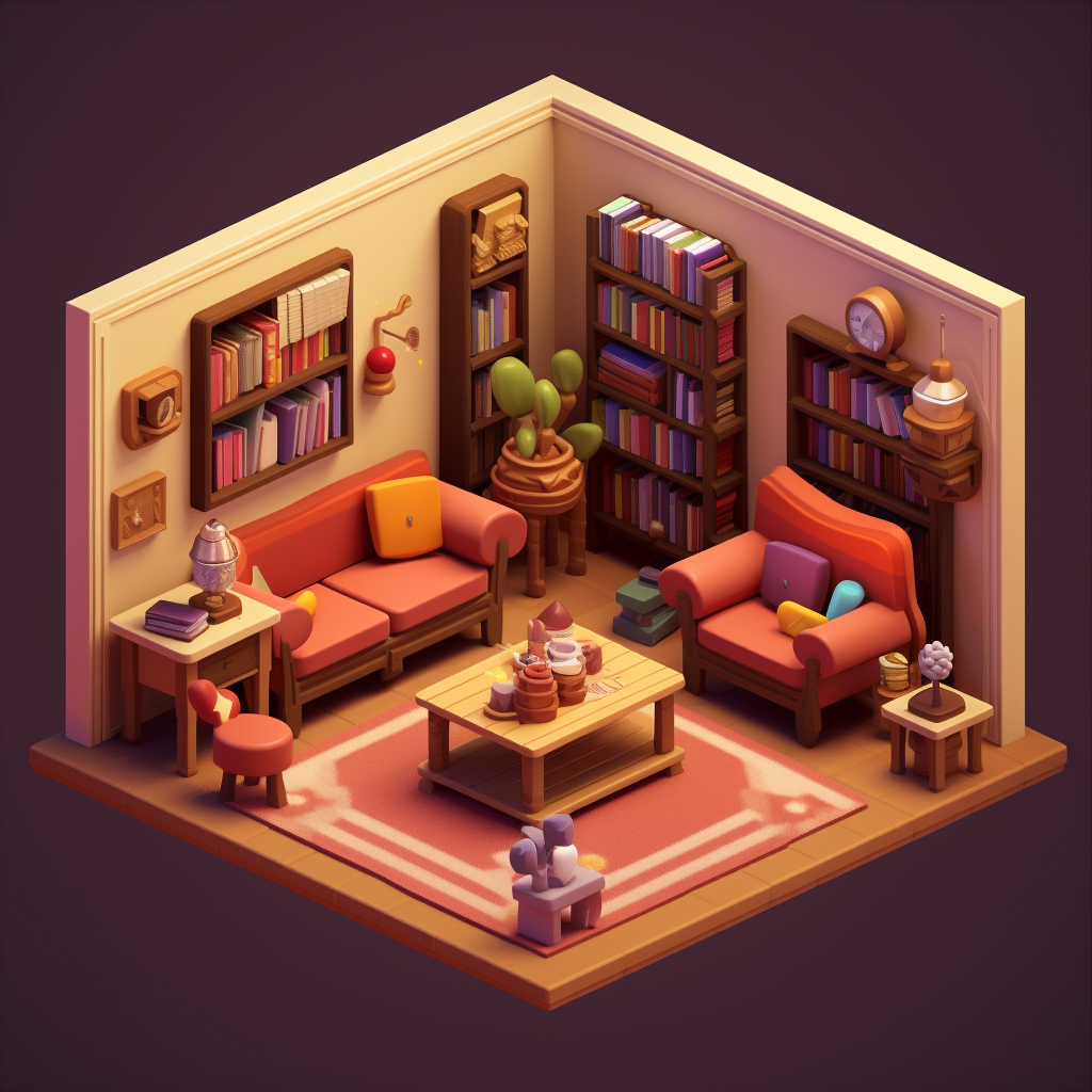 Isometric Disney-inspired library room scene