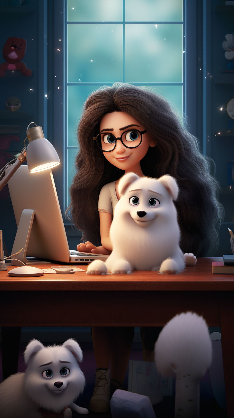 Young woman working at desk with laptop and fluffy pomeranian