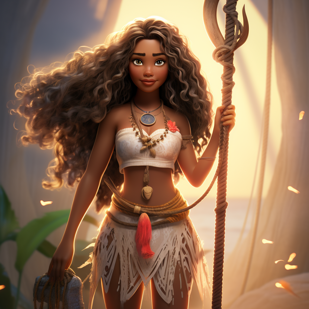 Moana holding sailing paddle and rope