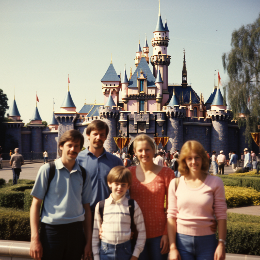 Family enjoying Disneyland in the 1980s